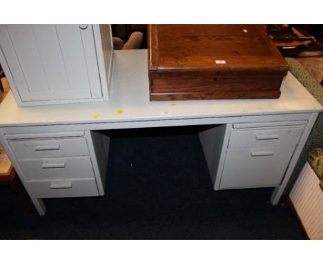 A GREEN PAINTED DESK & A CUPBOARD (2)