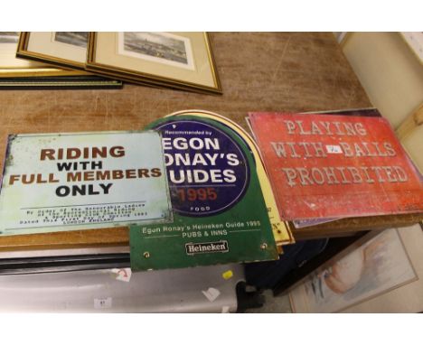 FOUR EGON RONAY ENAMEL SIGNS TOGETHER WITH THREE REPRODUCTION METAL SIGNS