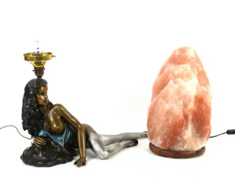 A pair of salt stone lamps, H.35cm, together with a cast metal figural table lamp in the form of a semi-nude lady, 33 x 55cm 