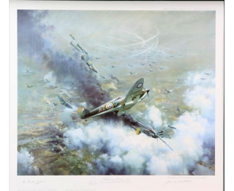 A collection of military prints to include Frank Wooton OBE (British, 1911-1998). 'Battle over London, 1940', signed and numb