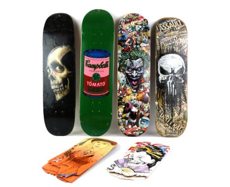 The Skateroom Andy Warhol skateboard deck with Capmbell's tomato soup to reverse, together with three other skateboard decks 