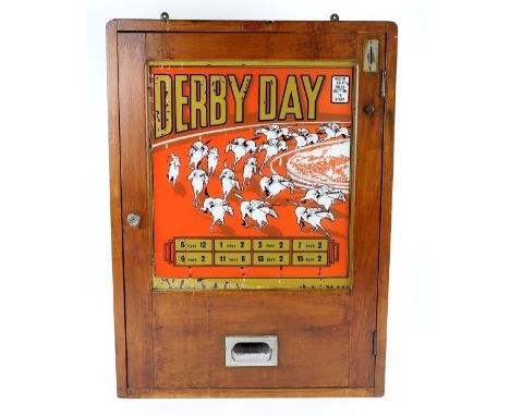 Derby Day - Vintage slot machine in wooden case. H.83 W.46 D.19cm       Needs re-wiring.Scratches to sign on glass. Some scra