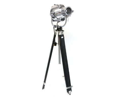 Vintage Strand Electric theatre light, raised on adjustable tripod stand, H.115cm un-extended 100cm       Needs rewiring.One 