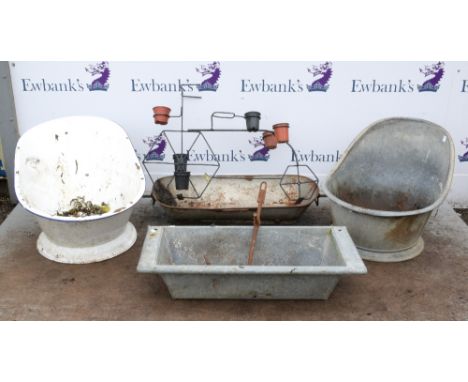 German metal bath tub marked 'System Karuh' height 53cm x 57 x 74, a metal basin, an enamel hip bath, a rectangular planter, 