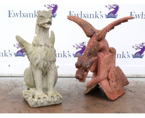 Terracotta colour composite stone roof finial modelled as a dragon 66cm x 53 together with a composite stone Griffin 74cm hig