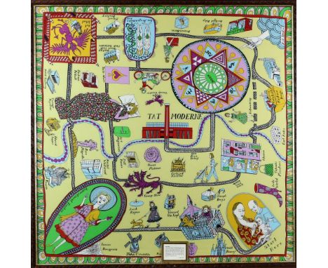 Grayson Perry silk scarf, with plaque stating 'In the second world war pilots were given maps printed on silk to help them es