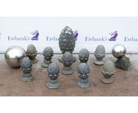 Group of nine composite acorn finials, H.31cm, together with a large cast plaster acorn finial H.57cm, and two chromed metal 