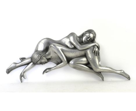 Compulsion Gallery pewter coated resin wall art plaque of two entwined nude ladies, length 74cm. Compulsion Gallery Sculpture