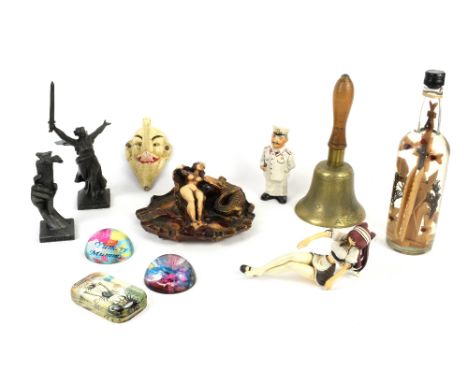 Beatles ephemera to include Magical Mystery Tour bus, Yellow Submarine, plastic alien figures, Beatles cushion, hand bell and
