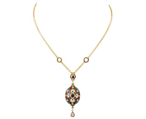 Collier mit polychromem Email, Brillanten von zus. ca. 0,7 ct, gute Farbe und Reinheit und 2 ovale Saphircabochons zus. ca. 0