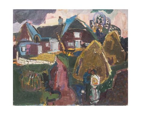 SCHOBER, PETER JAKOB (1897-1983), "Friesenhaus", reetgedeckte Häuser an einem Weg, Öl/Leinwand, HxB: ca. 56x67 cm. Altersspur