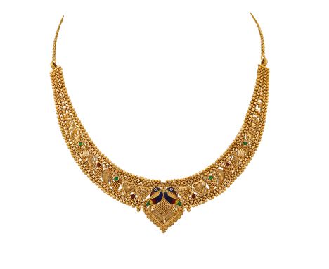 Collier mit filigranen Mustern, teilweise emailliert, GG ca. 22K, 26,8 g, L: 39-40 cm, Indien 20./21. Jh., eine Granalie fehl