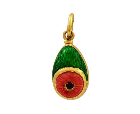 VICTOR MAYER Anhänger "Ei" mit farbigem Email und kleinen roten Edelsteinchen, GG 18K, 3,3 g, 2,3x1 cm, 2. H. 20. Jh., starke