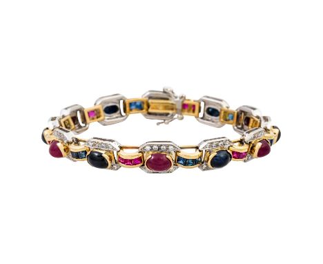 Armband mit Korunden und Brillanten, 6 ovalen Saphir-und 6 Rubincabochon, je Saphir-und Rubincarrees und 96 Brillanten zus. c