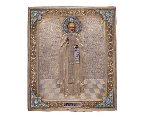 IKONE "Heiligen Sergej von Radonesch mit Cloisonné-Email-Oklad" Russland, Ende 19. Jahrhundert, Ölmalerei auf Holz, verso Sam