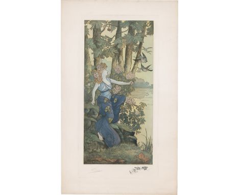 Lucas, Charles E. La femme au bord du lac. Automne. Stahlstich Radierung mit Aquatinta Mischtechnik. 84 x 41 cm (Plattenrand)