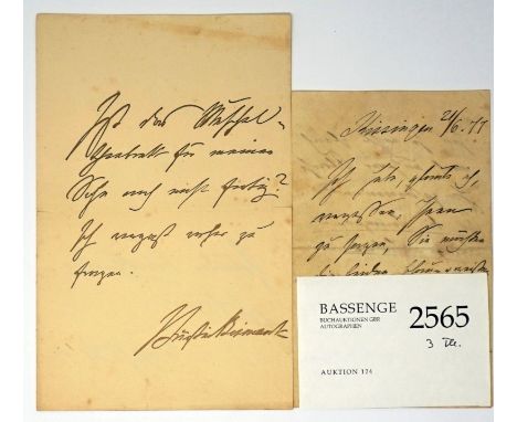 - Bismarck, Johanna von, geb. von Puttkamer, die Gemahlin des Reichskanzlers (1824-1894). 3 eigh. Briefe m. U. "J Fürstin Bis