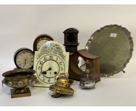 A mixed lot of smalls to include; An enamelled miniature longcase clock dial by Gustav Beker, two ealy 20th century mantel cl