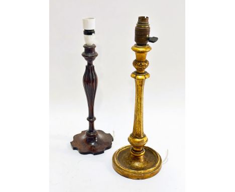 A 1920s gilt wood tapered baluster candle stick table lamp raised on circular weighted base H x 36cm D x 15cm and a Edwardian