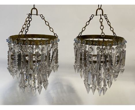 A pair of mid 20th century French pendent / basket light shades, each with two tiers of crystal lustre drops, together with a