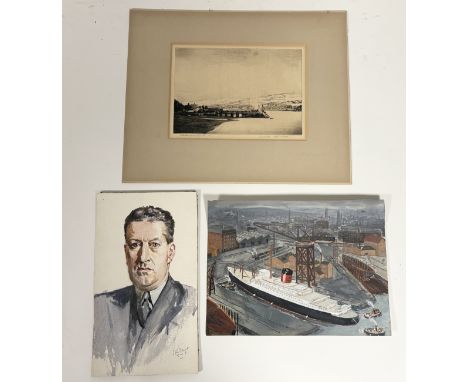 A collection of unframed works comprising, a George Houston (Scottish 1869-1947), Lochgoilhead Pier, engraving, signed and ti