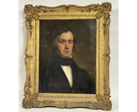 A 19thc School Portrait of a gentleman with a black topcoat, oil on canvas, unsigned, in a gilt composition frame. (few signs