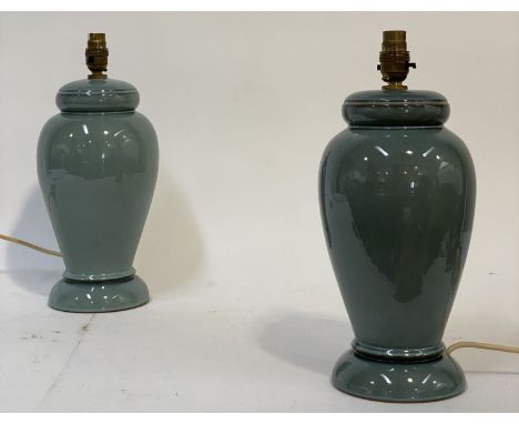 A pair of Vintage Denby blue glazed ceramic baluster table lamp bases. H40cm.&nbsp;