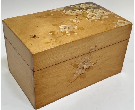 A sycamore tea caddy with hand painted decoration of apple blossoms and a honey bee, the interior with typical twin-compartme