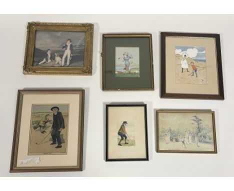 A collection of various works comprising John Hassall, "We were all square at the seventeenth" print (19.5cmx15cm), After Law