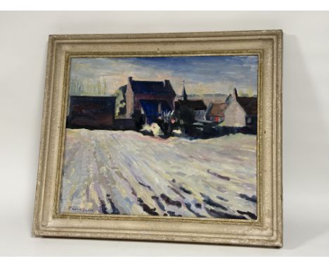 J.Cockburn, Snowy garden scene with village to background, oil on canvas, signed bottom left, framed. (49cmx59cm)