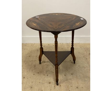 A late Victorian rosewood occasional table, the triangular / circular top with three demi-lune drop leaves, all boxwood strun