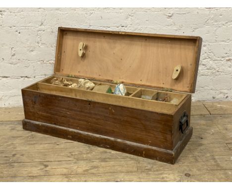 A apprentice joiners scumbled pine tool box containing a collection of wood working tools. L86cm.&nbsp;