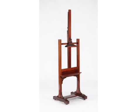 A mahogany height adjustable artists easel, late 19th/early 20th century, of typical form, the shaped upper bracket carved pr