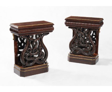 ϒ A pair of rosewood and gilt metal mounted console tables, in Regency style, second half last quarter 20th century, each rec