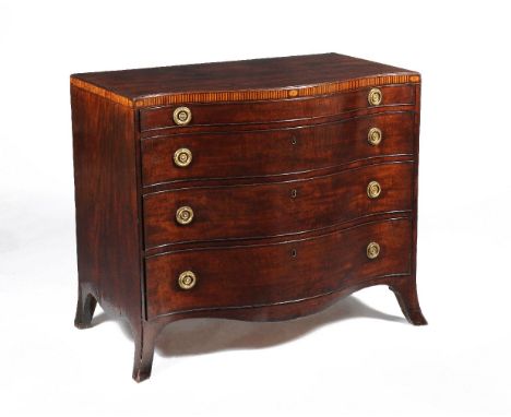 A George III mahogany and inlaid serpentine fronted chest of drawers, circa 1790, in the manner of Ince & Mayhew, the caddy m