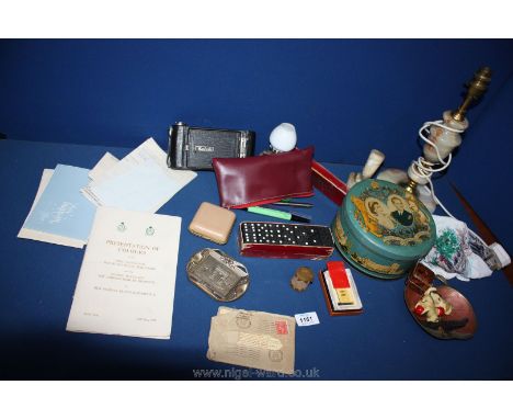 A quantity of miscellanea to include alabaster table lamp, old Kodak camera, World War II medals Certificate, a programme for