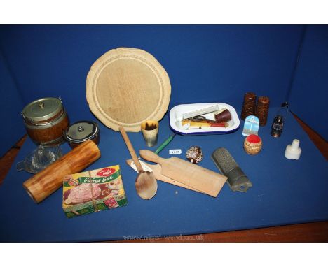 A quantity of miscellanea to include Tala icing set, rolling pin, treen Biscuit barrel and butter dish, a Jew's harp, a nutme