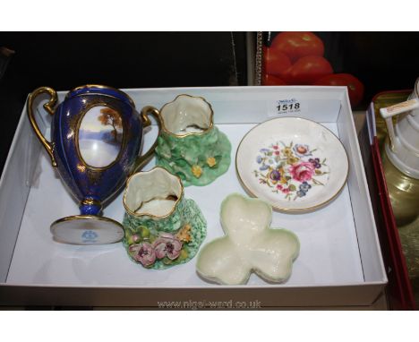 A Belleek china Shamrock pin dish( with Co. Fermanagh back stamp), two Royal Worcester posy bowls, pin tray and Noritake urn 