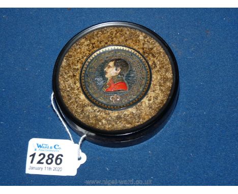 Napoleon interest: A rare papier mache Snuff Box, the lid with a composition portrait of the young Napoleon, almost certainly