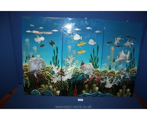 Three large Plaques with inlaid mother of pearl decorated underwater scenes.