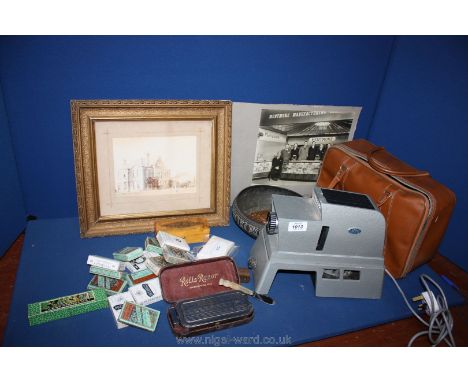 A box of miscellanea to include slide projector, framed antique photograph, cigarette boxes, metal bowl etc.