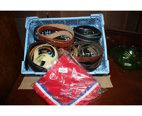 A quantity of gents belts, leather including a King &amp; Co light green canvas belt and a 40 year cotton neckerchief in red,