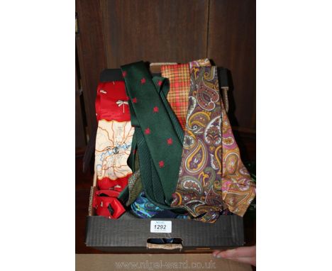 A quantity of ties including orange/ yellow plaid, green background with red dragon, Vicky Davies New York ''Which Way'' with