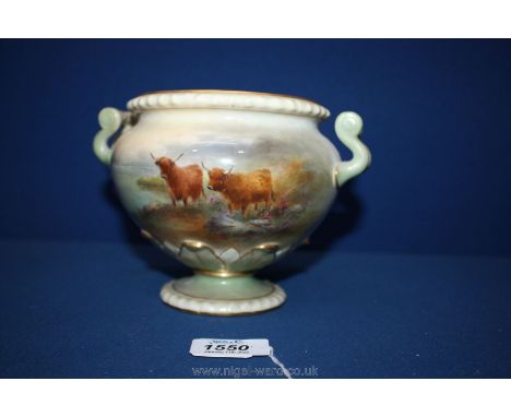 A small double handled Royal Worcester Jardiniere with scene depicting Highland Cattle signed Stinton, and scene with mountai