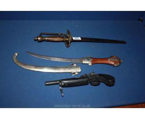 A bronze short Sword having fullered blade, bronze fittings and finger guard and teak wood type grip, 18'' long overall; an E