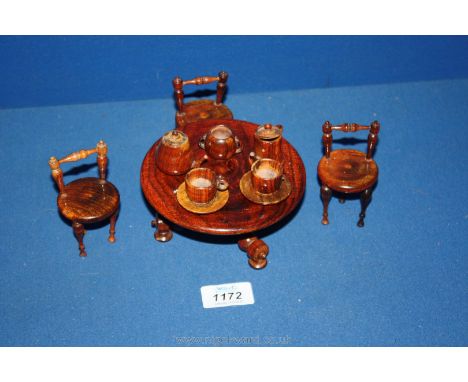 A collection of vintage treen Apprentice/Miniature pieces to include Regency/Edwardian tripod breakfast table, chairs, cups, 