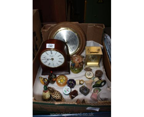 A quantity of miscellanea including quartz mantle and carriage clocks, a barometer, German made novelty money box, enamelled 