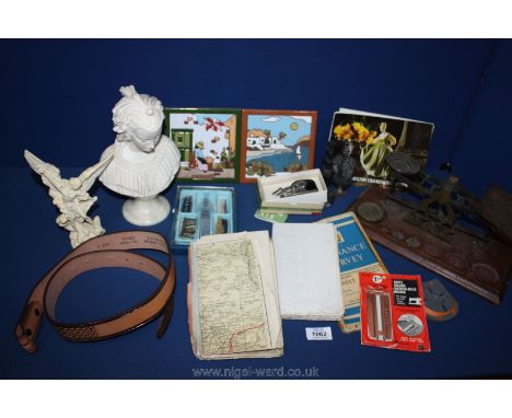 A box of miscellanea to include postal scales, ceramic bust of a young woman, maps, tiles, sewing machine accessories, etc.,