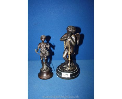 Two bronze? figures:one with bow and arrow the other with a fishing rod.