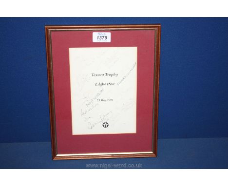 A Texaco Trophy 1991 framed players signatures including Phillip Defreitas, R. Illingworth, etc.